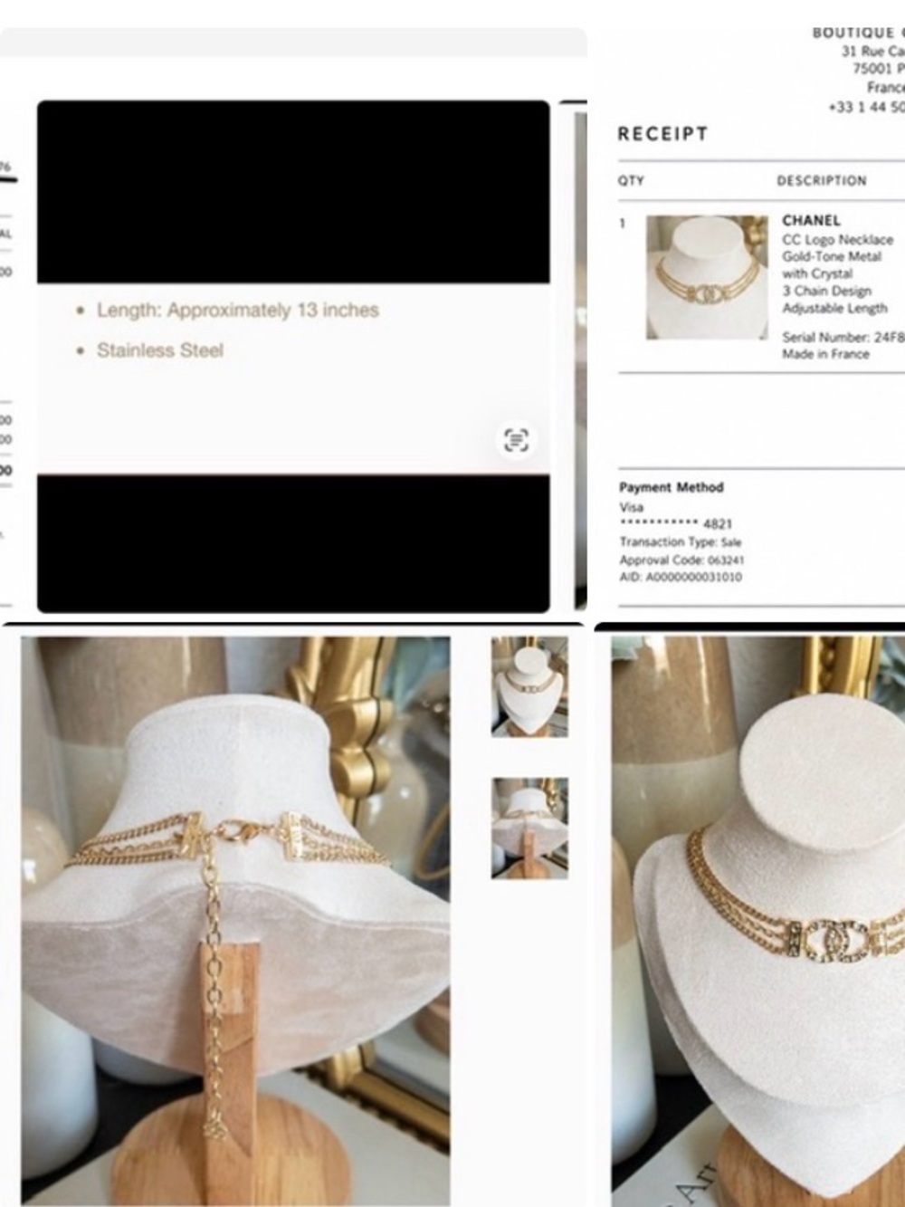 CHANEL Gold-Tone CC Crystal Multi-Chain Necklace Choker- STAINLESS STEEL NEVER T